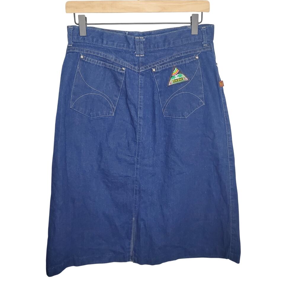 Bonjour Vintage Denim Midi Skirt Dark Wash 100% Cotton Rainbow Tropical Patch